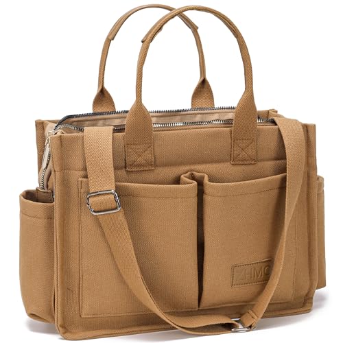 ZHMO Large Canvas Tote Bag for Women With Pockets,Laptop Crossbody Purses Everything Everyday Bag Handbags for Work Beach Gym - New Upgrade Plus Brown