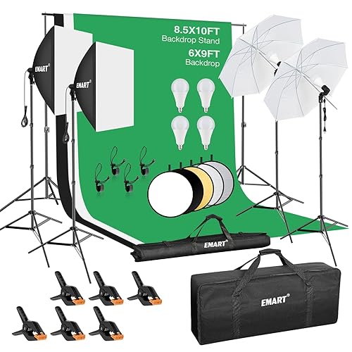 EMART 8.5 x 10 ft Backdrop Photography Lighting Kit with 24" Reflector | 6x9 FT Muslin Backdrop *3, Umbrellas&Softbox Lighting Kit for Studio