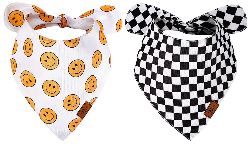 Dog Bandana 2Pcs One Happy Dude Dog Bandana Boho Smile Face Checkerboard Print Fabric Pet Scarf Medium Sizes Adjustable Pet Neckerchief Dog Bibs for Birthday Costume Accessories - One Happy Dude