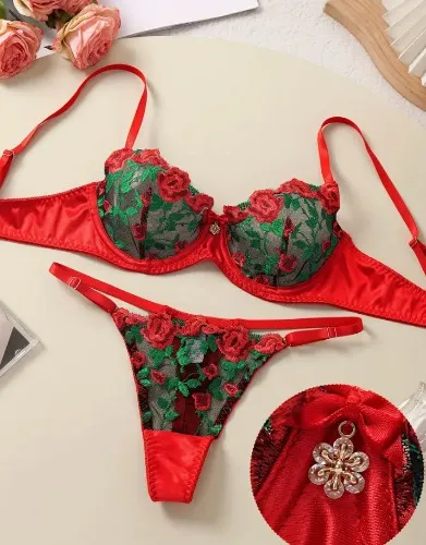 Rose embroidered lace lingerie set