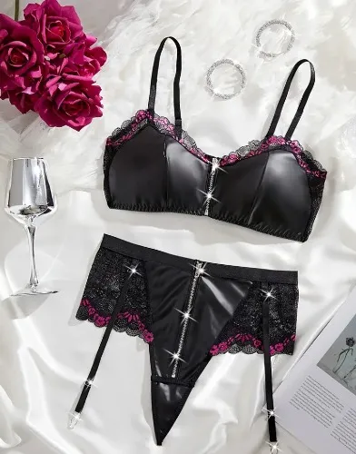 Lace zipper s*xy lingerie set
