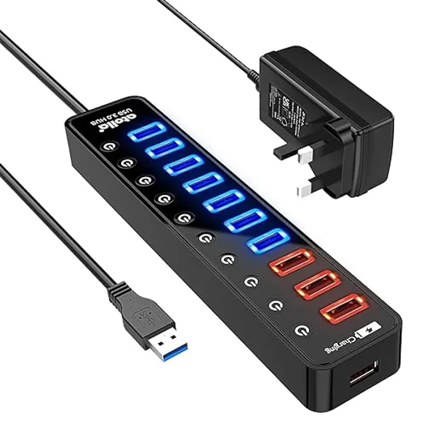 Atolla USB 3.0 Hub Powered, 11-Port USB 3.0 Extension Splitter（7 USB 3.0 Data Ports+4 USB 3.0 Smart Charging Ports）with Individual On/Off Switches and 12V/4A Power Adapter for High Power USB devices.