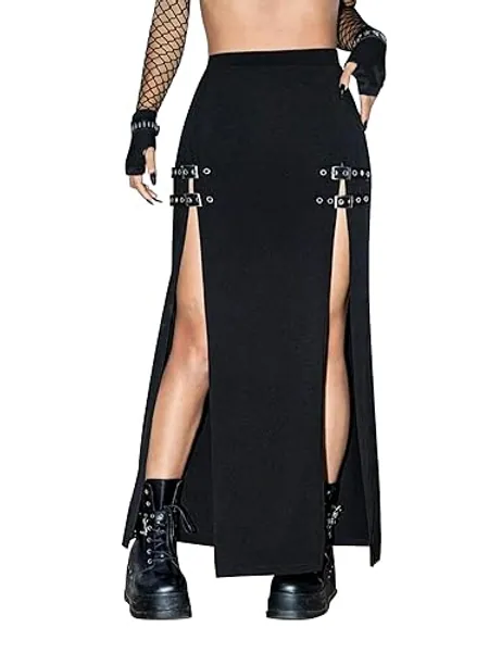 Black Punk Skirts for Women High Waist Buckle Slit Goth Club Rave Skirt