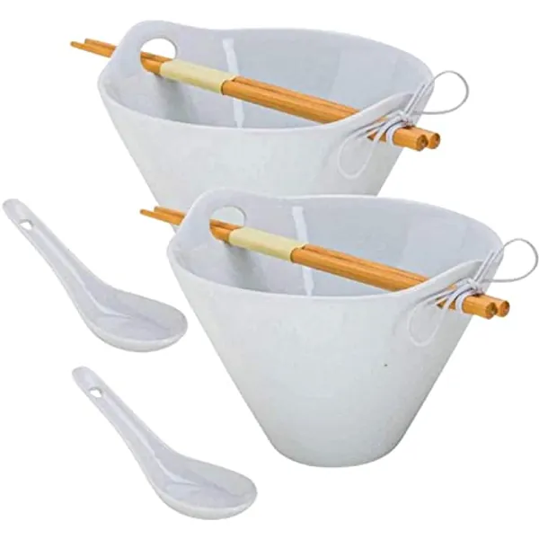 XL Tasse Verre Porcelain Noodle Bowl Sets with Bamboo Chopsticks and Ceramic Spoon For Ramen, Soup, Salad, Pho, Fruit (40 Ounce Bowl)- White - 2-Pack
