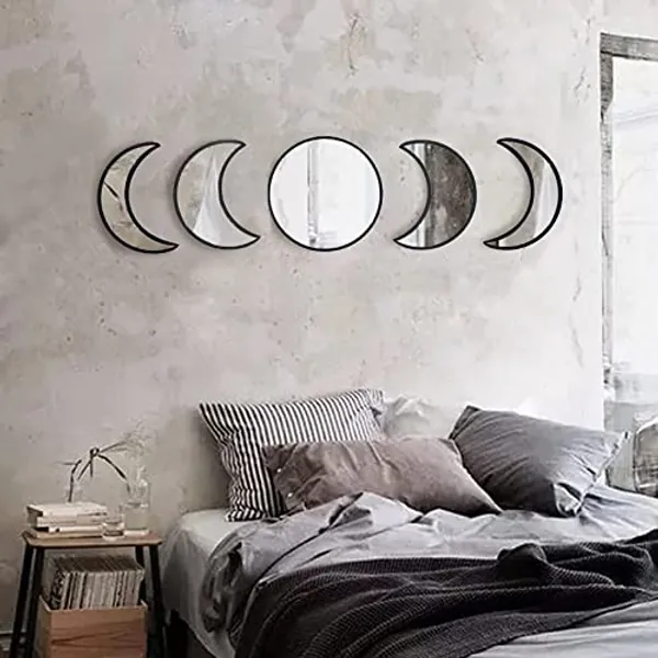 YUBAIHUI 5pcs Scandinavian Bohemian Home Wall Decor Moon Phase Decorative Mirror Set Acrylic Bedroom Decoration Self Adhesive Ornament Living Room Decor (Black)
