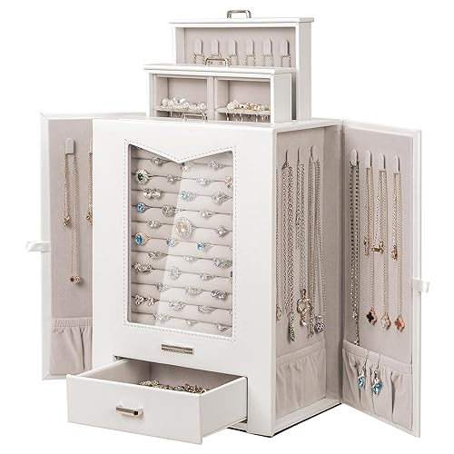 Homde Jewelry Organizer with Transparent Window Necklace Hooks Gift for Women Jewelry Box Display Case for Necklaces Rings Earrings Bracelets and Other Jewelry Accessories (White) - White