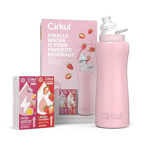 Cirkul 32oz. Blush Pink Stainless Steel Water Bottle Starter Kit with Pink Lid and 2 Flavor Cartridges (1 LifeSip Strawberry, 1 GoSip Passion Fruit Dragon Fruit) Zero Calories and No Sugar - Blush Pink