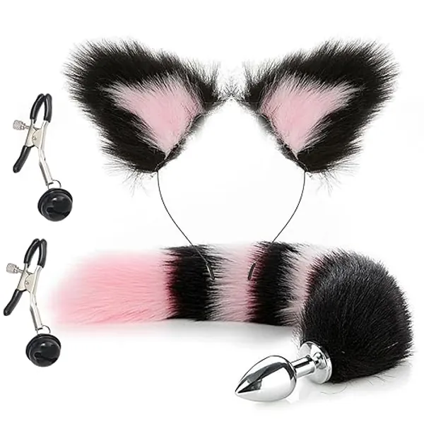 Fox Tail Anal Plug Collar and Nipple Clamps Cat Ears Butt Plug Stainless Steel Anal Plug with Tail for Beginner Women Men Couple Costume Cosplay Pink and Black Mix - G