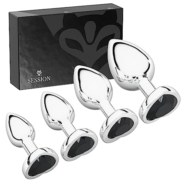 Session Jewel Butt Plug Beginner 4 Piece Set - Extra Small, Small, Medium, Large - Wide Base Prevents Slippage - Metal Anal Sex Adult Toy for Men & Women - Heart Shaped Charm (Silver & Black) - Silver & Black