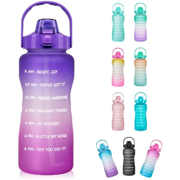 Half Gallon Motivational Water Bottle with Straw Time Marker - 64 oz BPA Free Reusable Tritan Frosted Large Sport Water Bottle Leakproof Big Plastic Men Women Kids Water Jug for Gym Office Workout