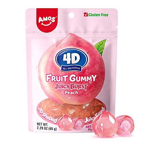 Amos 4D Gummy Fruit Filled Candy, Fruit Snacks Juicy Burst, Peach Flavor, Soft and Chewy, Gluten Free 2.29Oz Per Bag (12 Bags) - Peach - 2.29 Ounce (Pack of 12)