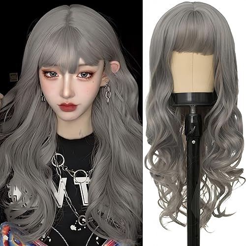 Salaibs Grey Long Curly Wavy Wigs for Women with Bangs Natural Wave Dark Gray Hair Wig Synthetic Heat Resistant Halloween Daily Wig - Grey