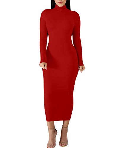 BORIFLORS Women's Sexy Basic Long Sleeve Turtleneck Bodycon Party Long Pencil Dress - Small - Red