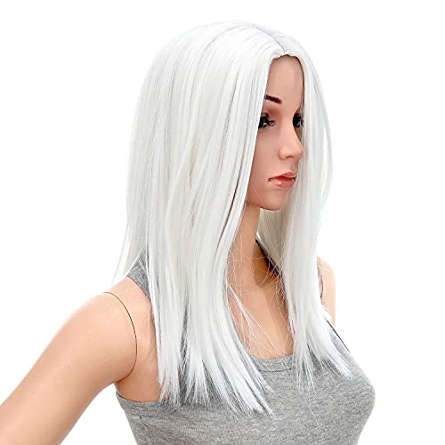 SWACC 14-Inch Short Straight Middle Part Hair Wig Medium Length Synthetic Heat Resistant Wigs for Women with Wig Cap (White) - White