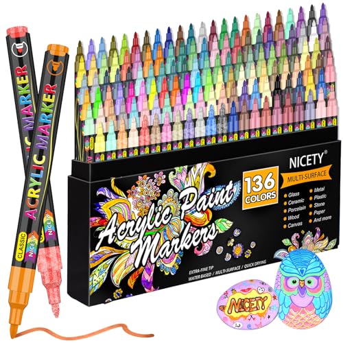 NICETY Acrylstifte für Steine Wasserfest - 136 Farben Multimarker Acrylmarker Glasmalstifte für Stein Stoff Holz Leinwand Glas Keramik - 0,7 mm Acrylic Paint Markers - 136