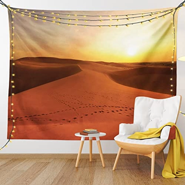 Ambesonne Desert Tapestry, Footprints on Sand Dunes at Sunrise Hot Dubai Landscape Travel Destination, Wide Wall Hanging for Bedroom Living Room Dorm, 80" X 60", Dark Orange Yellow