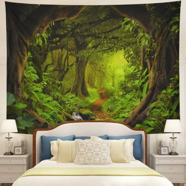 Tushelia Forest Tapestry Nature Tree Cave Tapestry Wall Hanging Misty Forest Tapestry Stream Through Rainforest Tapestry Landscape Wall Tapestry Jungle Creek Psychedelic Tapestry for Living Room