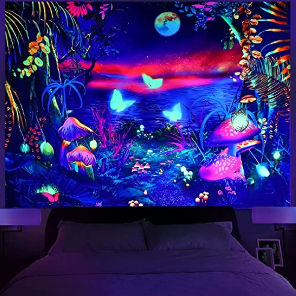 HoneyDec Blacklight Fantasy Forest Tapestry Boho Aesthetic Mushroom Tapestries Hippie Galaxy Plant Butterfly Moon Wall Hanging Tapestries For Bedroom Living Room
