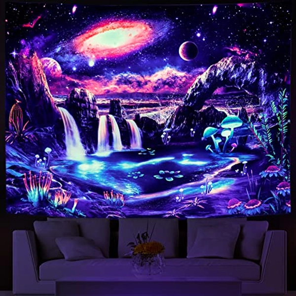 Blacklight Galaxy Tapestry Trippy Planet Tapestry UV Reactive Waterfall Landscape Tapestry Fantasy Mountain Wave Wall Tapestry Mysterious Neon Plants Wall Hanging for Room