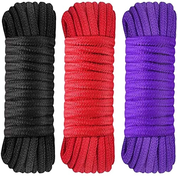 Soft Cotton Rope, 32 feet / 10m Rope, 8mm Thick, Soft Rope, Soft Tying Rope Multi-Purpose Washable Strong Multifunctional Rope Long Strap - (Black+Red+Purple)