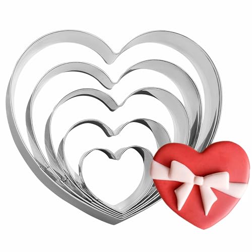 5Pcs Heart Cookie Cutter Set, Large Size 4.7" 3.75" 3" 2.15" 1.38" Heart Shapes Cookies Molds for Anniversary, Bridal, Engagement and Valentines' Day,Wedding with Recipe Instruction