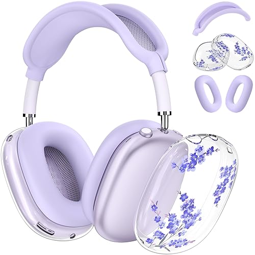 Silicone Case for AirPods Max Headphones,Clear Flower Soft TPU Ear Cups Cover,Ear Pad Case Cover,Headband Cover for AirPod Max(2020),Transparent Case for Apple AirPods Max USB-C(2024) for Women,Purple - Blue flower