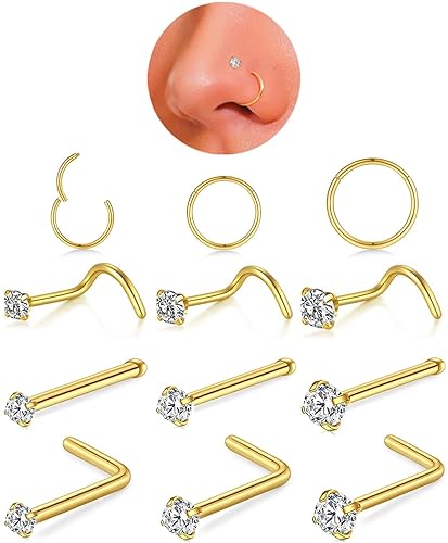 18g Nose Rings Hoop and 20g Nose Studs Sets for Women Men,Hypoallergenic 316L Surgical Stainless Steel Hinged Clicker Segment Nose Rings Hoop Helix Cartilage Daith Tragus Sleeper Earrings Silver Gold Black L Shape/Corkscrew/Straight Nose Studs Real Body Piercing Jewelry