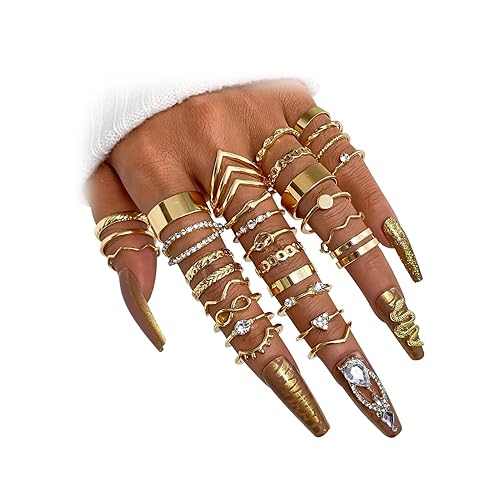 17IF Gold Vintage Knuckle Ring Set for Women, Boho Crystal Finger Aesthetic Pearl Sparkle Butterfly Chunky Stackable Midi Ring Pack - 30P Boho