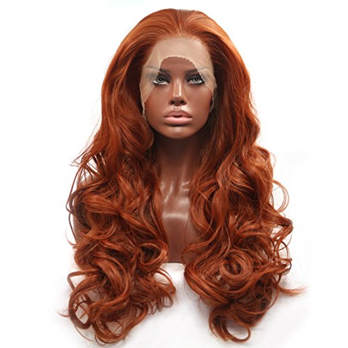 BESTUNG Mode Glueless Kupfer Rot 24"Lange Natürliche Wellenförmige Freie Teil Lace Front Perücken Hitzebeständige Kunsthaarperücke für Frauen(EINWEG) (kupferrot) - kupferrot