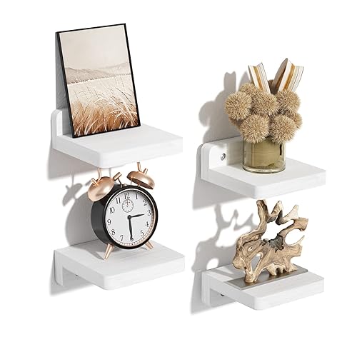 SRIWATANA Small Floating Shelves Wall Mounted, 4 Inch Wood Shelf for Decoration and Storage Set of 4, Mini Display Shelf for Bedroom, Bathroom, Kitchen, Office (White) - Washed White