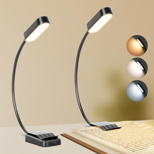 Book Light 2 Pack, Rechargeable Reading Lights for Books in Bed-Eye Caring 3 Colors, Stepless Dimming, 360° Flexible Studying Small Desk Lamp, Lightweight Clip-on LED Night Light for Book Lovers, Kids - Black