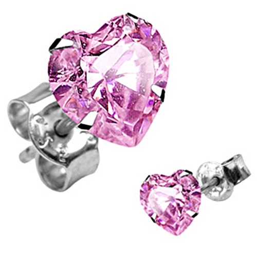 925 Sterling Silver Pink CZ Heart Stud Earrings | 4mm