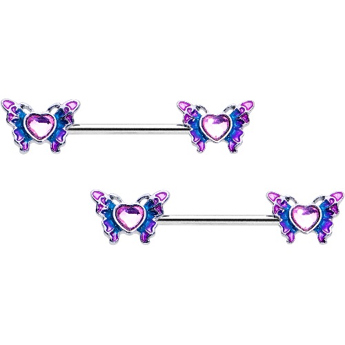 14 Gauge 9/16 Pink Gem Heart Butterfly Purple Barbell Nipple Ring Set | Default Title