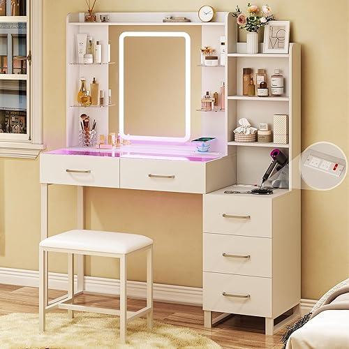 HUAHUU Vanity Desk with Mirror and LED Lights, 43" Makeup Vanity with Glass Top & Wireless Charging, Vanity with RGB Drawers, 3 Colors Light, Power Outlet Safety Switch for Bedroom, White