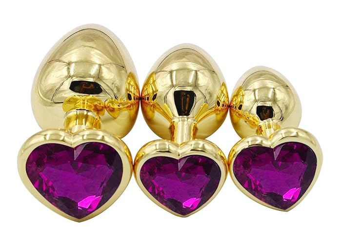3Pcs Set Luxury Metal Butt Toys Heart Shaped Anal Trainer Jewel Butt Plug Kit S&M Adult Gay Anal Plugs Woman Men Sex Gifts Things for Beginners Couples Large/Medium/Small,Golden Purple - Golden Purple