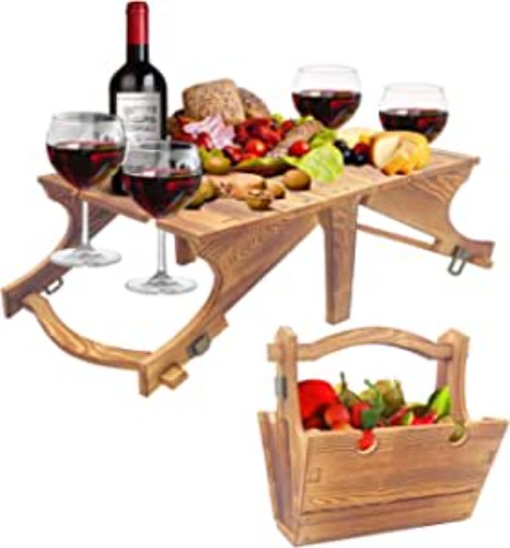 Sinouso Portable Picnic Table, 2 in 1 Folding Wooden Picnic Table for Outdoors,Small Wine Table with 4 Wine Glasses Holder for Outdoor Lawn, Beach, Park, Garden,Ideal Wine Lover Gift(11.8×18 Inch)