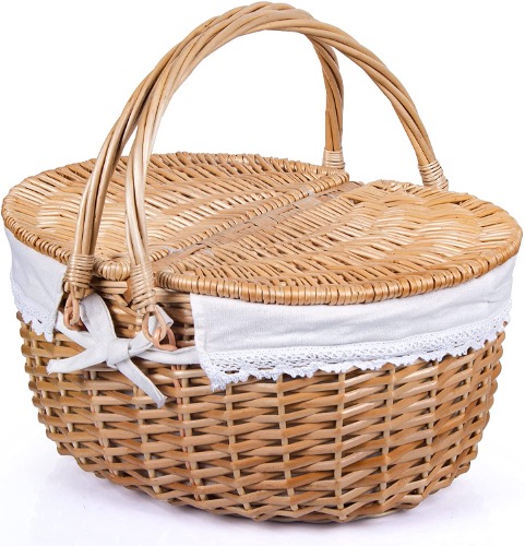 Wicker Picnic Basket with Lid and Handle Sturdy Woven Body with Washable Lining - Natural Colour