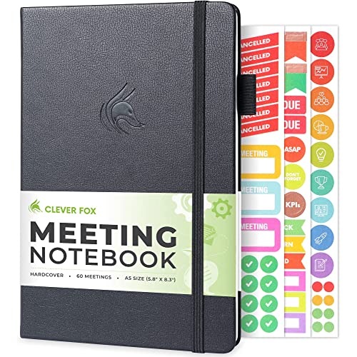 Clever Fox Meeting Notebook – Work & Business Meeting Organizer for Meeting Agenda, Notes & Action Items – Notepad for Project Management & Meetings – Undated, Hardcover, A5, 5.8x8.3″ - Black - Black - A5 (5.8'' x 8.3'')