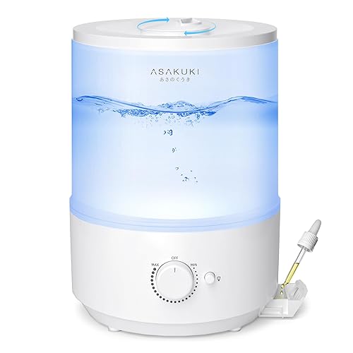 ASAKUKI Humidifiers for Bedroom, 3L Top Fill Cool Mist Humidifiers for Baby Nursery & Plants, 3-IN-1 Quiet Air Humidifier, Oil Diffuser & Night Light for Large Room Home, Auto Shut-off, BPA-Free, 30H - White