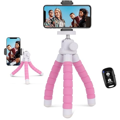 UBeesize Phone Tripod, Portable and Flexible Tripod with Wireless Remote and Clip, Cell Phone Tripod Stand for Video Recording(Pink) - Pink - Sponge