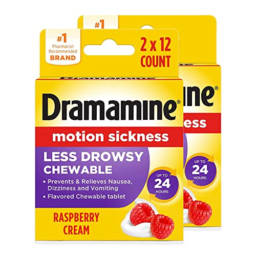 Dramamine Chewable Less Drowsy, Motion Sickness Relief, Raspberry Cream Flavor, 12 Count, 2 Pack - 12 Count (Pack of 2) - Less Drowsy