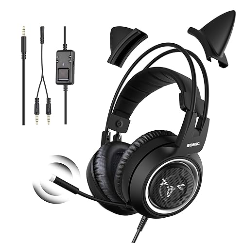 SOMIC Stereo Gaming Headset with Mic for PS4, PS5, Xbox One, PC, Mobile Phone, 3.5MM Sound Detachable Cat Ear Headphones Lightweight Self-Adjusting Over Ear Office Headphones G951S Black - Black