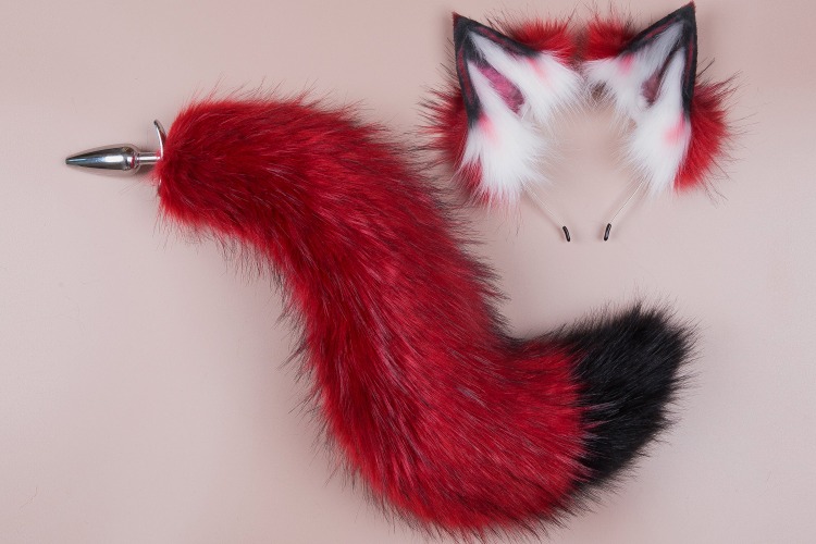 Red and black faux fur fox tail plug and ear wolf tail buttplug and ear kitten ear and tail plug set curved tail and ear plug set cosplay | Ear & Tail (R-S)