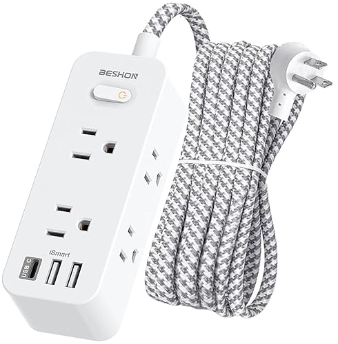 BESHON 10 FT Extension Cord, Surge Protector Power Strip with 6 Widely AC Outlets 3 USB Ports(1 USB C),3-Side Outlet Extender, Flat Plug, Wall Mount for Home, Office,Travel and Dorm Essential - 10FT-Right Angle Plug - White