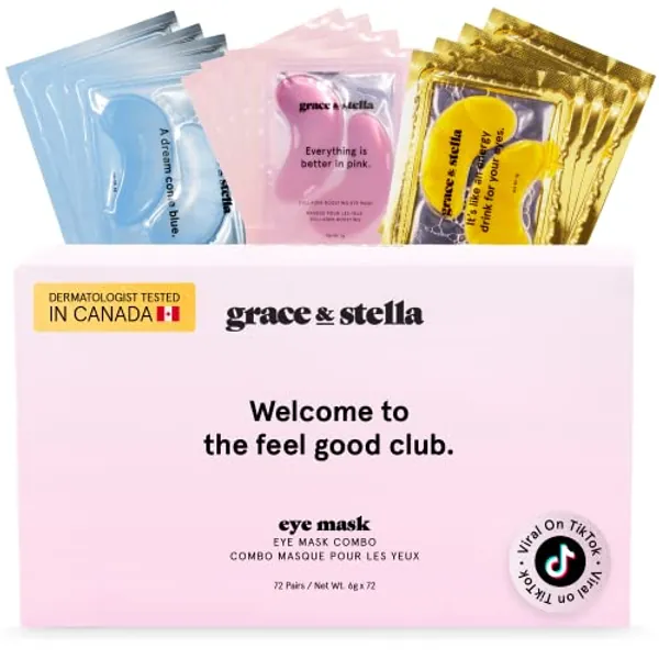 Under Eye Mask - Reduce Dark Circles, Puffy Eyes, Undereye Bags, Wrinkles - Gel Under Eye Patches, Vegan Cruelty-Free Self Care by grace and stella (72 Pairs, GoldPinkBlue)