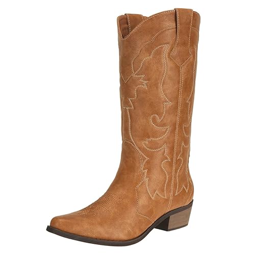 Ladies Cowgirl Cowboy Boots for Women Block Heel Pu Leather Western Wedding Shoes - 4 UK - Tan