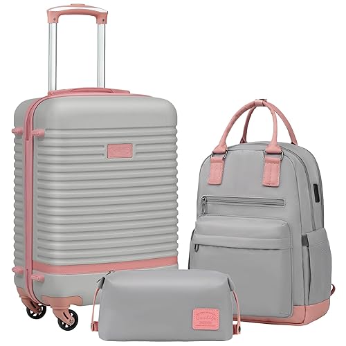 COOLIFE Suitcase Trolley Carry On Hand Cabin Luggage Hard Shell Travel Bag Lightweight with TSA Lock,The Suitcase Included 1pcs Travel Backpack and 1pcs Toiletry Bag (Pink/Grey, 20 Inch Luggage Set) - 20 Inch Luggage Set - Pink/Grey