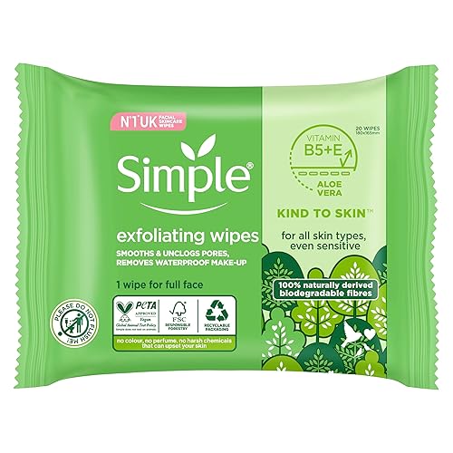 Simple biodegradable Exfoliating Face Wipes cleansing wipes to smooth skin and unclog pores for sensitive skin 20 wipes