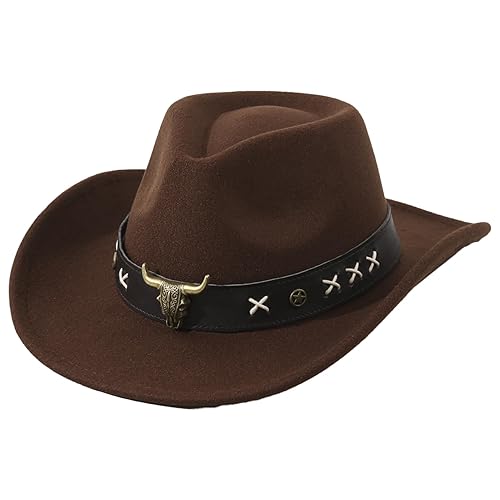 Vintage Western Cowboy Hat with Leather Bull Head Band Wool Felt Wide Brim Stylish Cowboy Hat for Men and Women Elegant Breathable Sun Protection Durable Cowboy Accessories Retro Design(Brown)