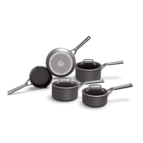 Ninja ZEROSTICK Premium 5-Piece Pan Set, Long Lasting Non-Stick, 3x Saucepans with Glass Lids, 1x Milk Pan, 1x Frying Pan, Hard Anodised Aluminium, Induction Compatible, Grey C35000UK